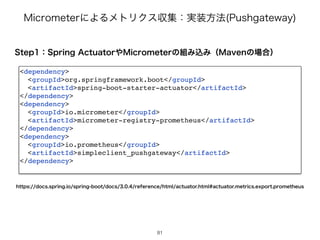 .JDSPNFUFSʹΑΔϝτϦΫεऩूɿ࣮૷ํ๏ 1VTIHBUFXBZ
4UFQɿ4QSJOHDUVBUPS΍.JDSPNFUFSͷ૊ΈࠐΈʢ.BWFOͷ৔߹ʣ
dependency


groupIdorg.springframework.boot/groupId


artifactIdspring-boot-starter-actuator/artifactId


/dependency


dependency


groupIdio.micrometer/groupId


artifactIdmicrometer-registry-prometheus/artifactId


/dependency


dependency


groupIdio.prometheus/groupId


artifactIdsimpleclient_pushgateway/artifactId


/dependency


81
IUUQTEPDTTQSJOHJPTQSJOHCPPUEPDTSFGFSFODFIUNMBDUVBUPSIUNMBDUVBUPSNFUSJDTFYQPSUQSPNFUIFVT
 
