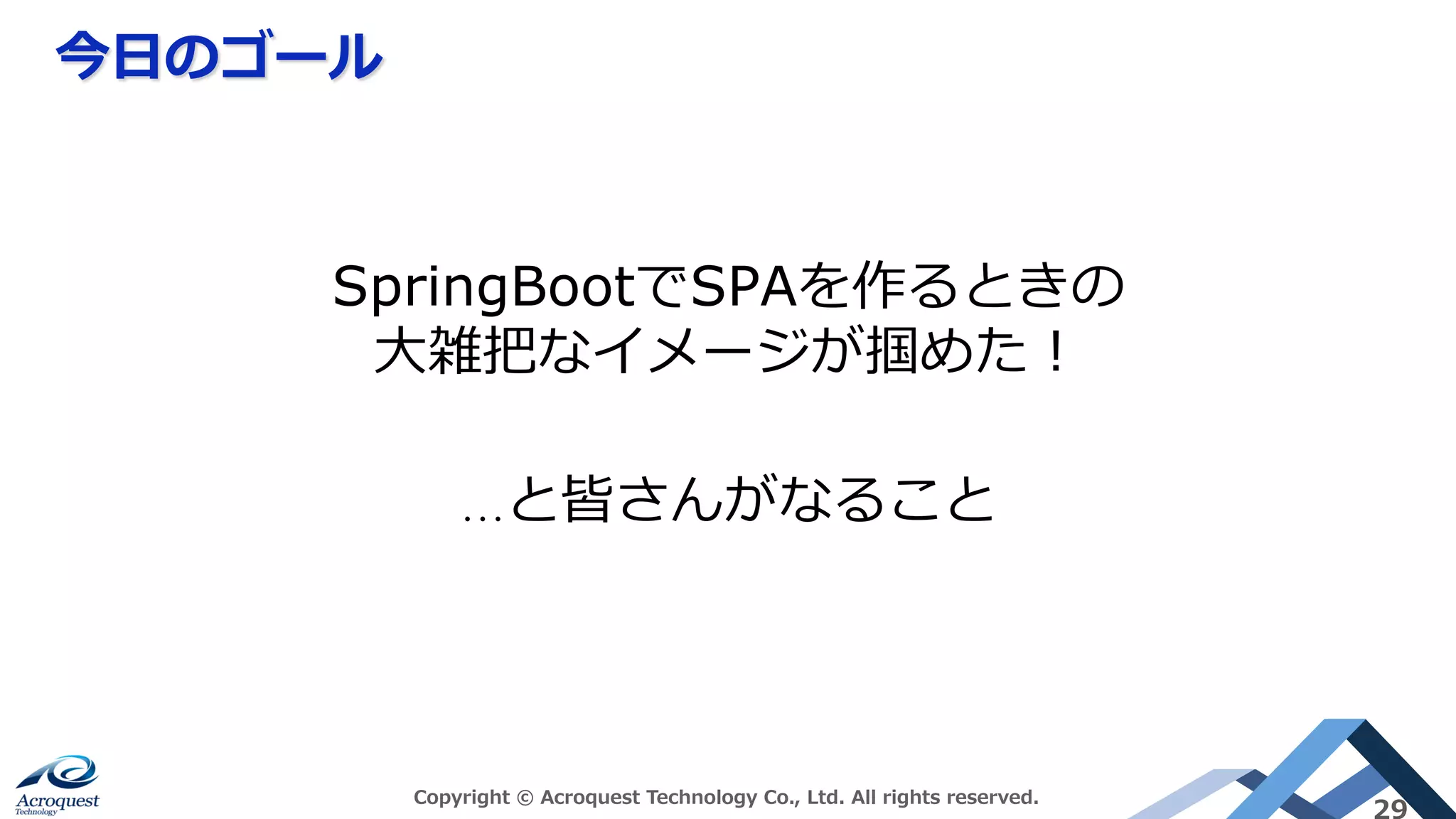 今⽇のゴール
Copyright © Acroquest Technology Co., Ltd. All rights reserved.
29
SpringBootでSPAを作るときの
⼤雑把なイメージが掴めた！
…と皆さんがなること
 