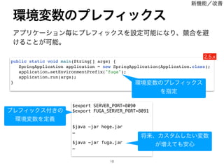 ΞϓϦέʔγϣϯຖʹϓϨϑΟοΫεΛઃఆՄೳʹͳΓɺ‫߹ڝ‬Λආ
͚Δ͜ͱ͕Մೳɻ
‫ڥ؀‬ม਺ͷϓϨϑΟοΫε

$export SERVER_PORT=8090
$export FUGA_SERVER_PORT=8091
$java -jar hoge.jar
…
$java -jar fuga.jar
…
কདྷɺΧελϜ͍ͨ͠ม਺
͕૿͑ͯ΋҆৺
public static void main(String[] args) {
SpringApplication application = new SpringApplication(Application.class);
application.setEnvironmentPrefix(fuga);
application.run(args);
} ‫ڥ؀‬ม਺ͷϓϨϑΟοΫε
Λࢦఆ
ϓϨϑΟοΫε෇͖ͷ
‫ڥ؀‬ม਺Λఆٛ
৽‫ػ‬ೳʗվળ
Y
 