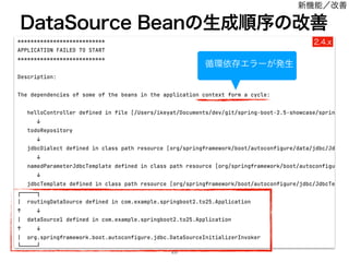 ͜Ε·Ͱ͸ɺ%BUB4PVSDFΛར༻͢Δ#FBOੜ੒ॱং੍͕‫͞ޚ‬Εͯ
͓Βͣɺ॥‫؀‬ґଘΤϥʔ͕ൃੜ͢Δέʔε͕͋ͬͨɻ
%BUB4PVSDF#FBOͷੜ੒ॱংͷվળ

@Bean
public DataSource dataSource1(DataSourceProperties properties) {
…
}
@Bean
public DataSource dataSource2(DataSourceProperties properties) {
…
}
@Bean
@Primary
public AbstractRoutingDataSource routingDataSource(
@Qualifier(dataSource1) DataSource dataSource1,
@Qualifier(dataSource2) DataSource dataSource2) {
…
}
॥‫؀‬ґଘΤϥʔ͕ൃੜ
Y
৽‫ػ‬ೳʗվળ
 