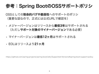 044ͱͯ͠ͷக໋తόά΍੬ऑੑ΁ͷαϙʔτͷϙϦγ 
ʢॏཁͳ࿩ͳͷͰɺਖ਼ࣜʹ͸ެࣜ63-Ͱ֬ೝΛʣ
w ϝδϟʔόʔδϣϯ͸ϦϦʔε͔Β࠷௿೥͸αϙʔτ͞ΕΔ
ʢͨͩ͠αϙʔτର৅ͷϚΠφʔόʔδϣϯͰ͋Δඞཁʣ
w ϚΠφʔόʔδϣϯ͸࠷௿ϲ݄͸αϙʔτ͞ΕΔ
w 0-͸ϦϦʔεΑΓϲ݄
ࢀߟɿ4QSJOH#PPUͷ044αϙʔτϙϦγ
IUUQTHJUIVCDPNTQSJOHQSPKFDUTTQSJOHCPPUXJLJ4VQQPSUFE7FSTJPOTTQSJOHCPPUTVQQPSUQPMJDZ

 