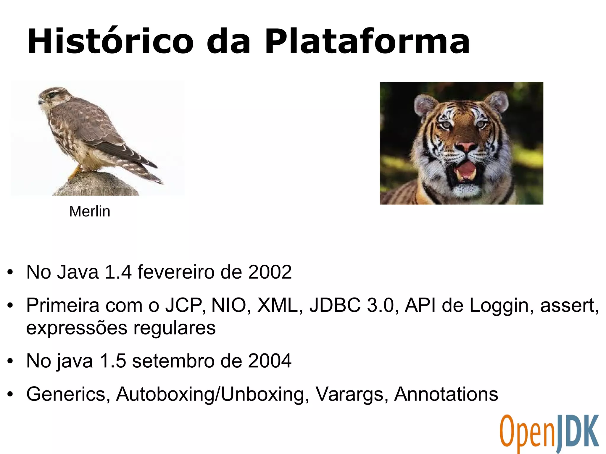 Histórico da Plataforma 
Merlin 
● No Java 1.4 fevereiro de 2002 
● Primeira com o JCP, NIO, XML, JDBC 3.0, API de Loggin, assert, 
expressões regulares 
● No java 1.5 setembro de 2004 
● Generics, Autoboxing/Unboxing, Varargs, Annotations 
 