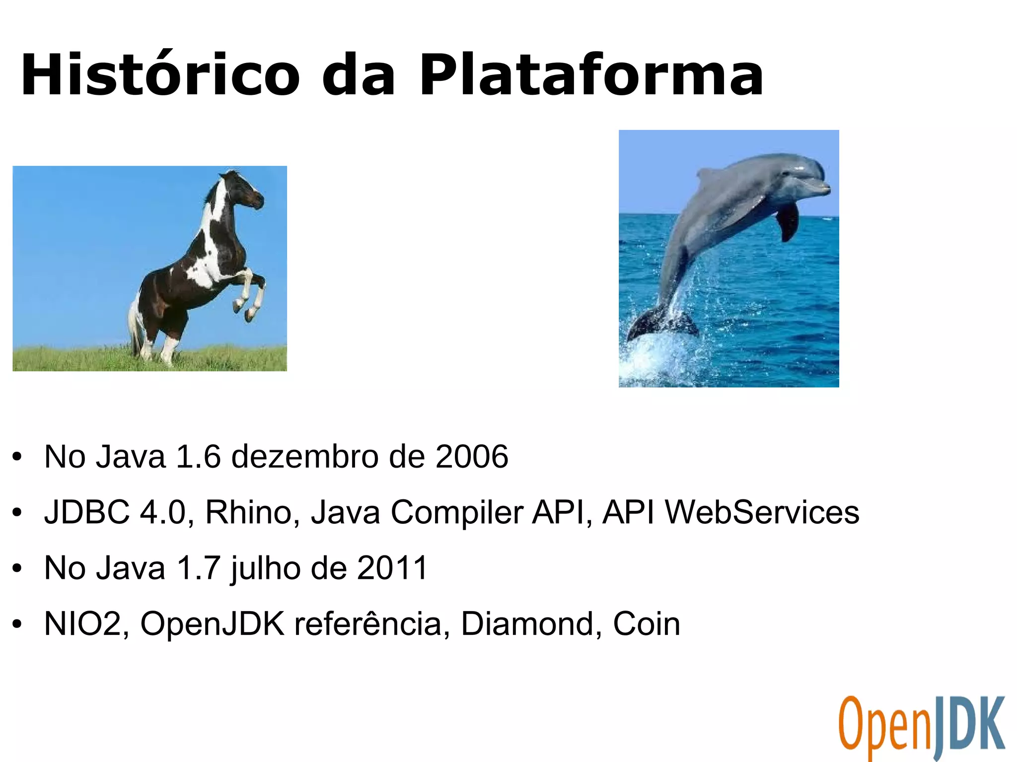 Histórico da Plataforma 
● No Java 1.6 dezembro de 2006 
● JDBC 4.0, Rhino, Java Compiler API, API WebServices 
● No Java 1.7 julho de 2011 
● NIO2, OpenJDK referência, Diamond, Coin 
 