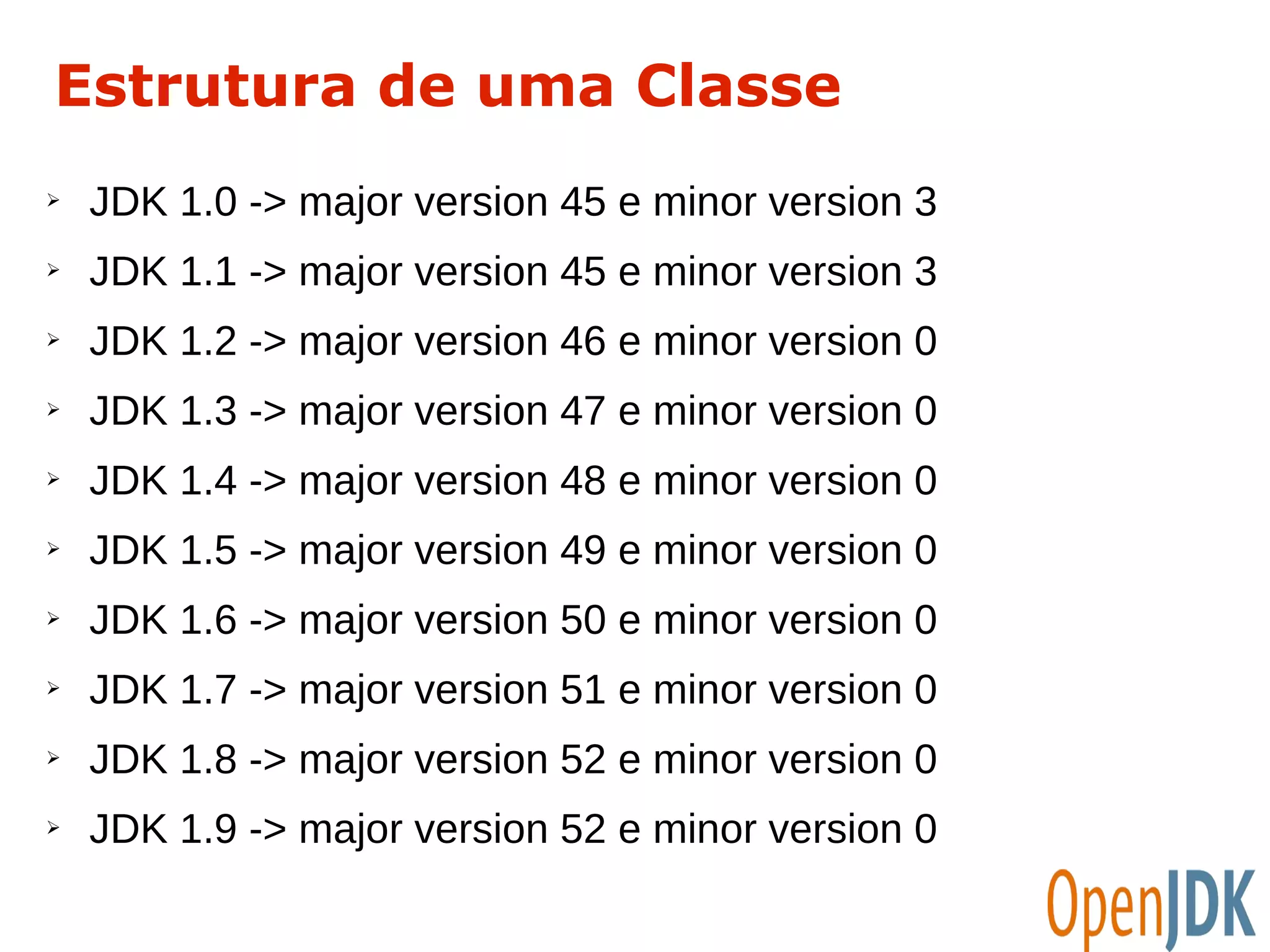 Estrutura de uma Classe 
➢ JDK 1.0 -> major version 45 e minor version 3 
➢ JDK 1.1 -> major version 45 e minor version 3 
➢ JDK 1.2 -> major version 46 e minor version 0 
➢ JDK 1.3 -> major version 47 e minor version 0 
➢ JDK 1.4 -> major version 48 e minor version 0 
➢ JDK 1.5 -> major version 49 e minor version 0 
➢ JDK 1.6 -> major version 50 e minor version 0 
➢ JDK 1.7 -> major version 51 e minor version 0 
➢ JDK 1.8 -> major version 52 e minor version 0 
➢ JDK 1.9 -> major version 52 e minor version 0 
 