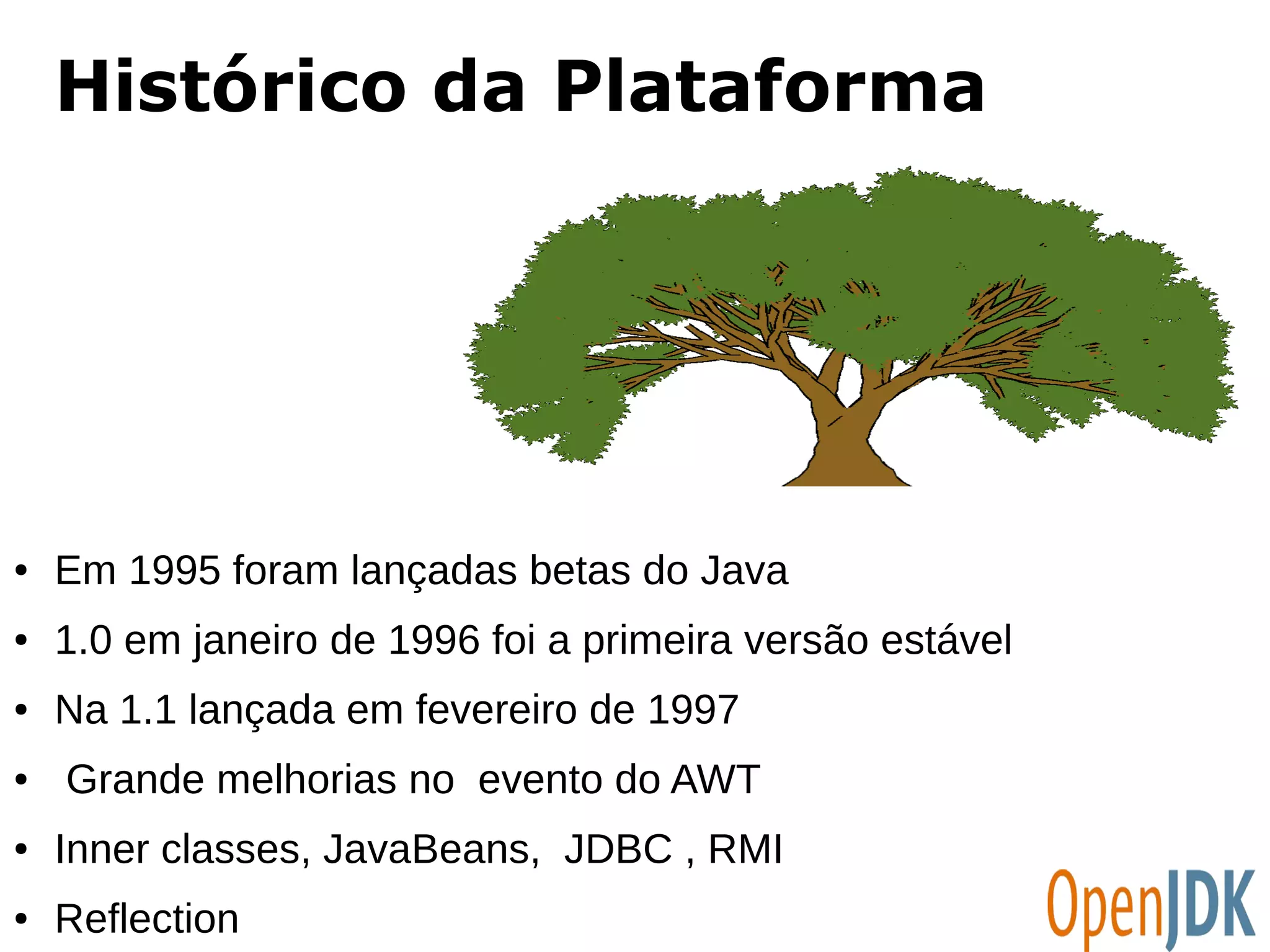 Histórico da Plataforma 
● Em 1995 foram lançadas betas do Java 
● 1.0 em janeiro de 1996 foi a primeira versão estável 
● Na 1.1 lançada em fevereiro de 1997 
● Grande melhorias no evento do AWT 
● Inner classes, JavaBeans, JDBC , RMI 
● Reflection 
 