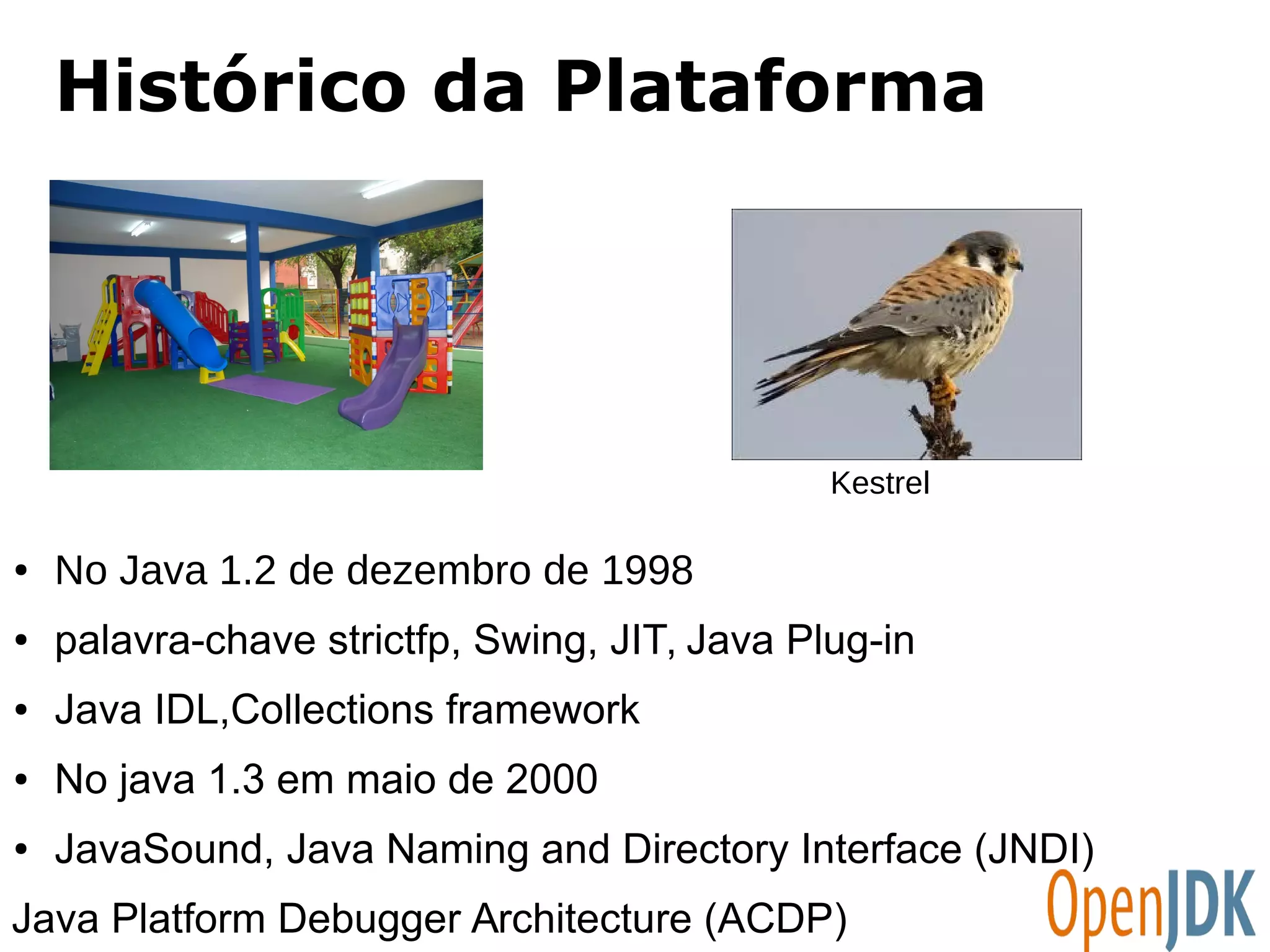 Histórico da Plataforma 
● No Java 1.2 de dezembro de 1998 
Kestrel 
● palavra-chave strictfp, Swing, JIT, Java Plug-in 
● Java IDL,Collections framework 
● No java 1.3 em maio de 2000 
● JavaSound, Java Naming and Directory Interface (JNDI) 
Java Platform Debugger Architecture (ACDP) 
 