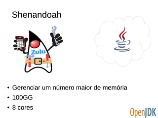 Shenandoah 
● Gerenciar um número maior de memória 
● 100GG 
● 8 cores 
 