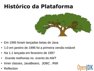 Histórico da Plataforma 
● Em 1995 foram lançadas betas do Java 
● 1.0 em janeiro de 1996 foi a primeira versão estável 
● Na 1.1 lançada em fevereiro de 1997 
● Grande melhorias no evento do AWT 
● Inner classes, JavaBeans, JDBC , RMI 
● Reflection 
 