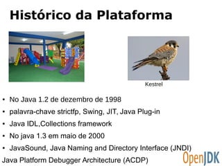 Histórico da Plataforma 
● No Java 1.2 de dezembro de 1998 
Kestrel 
● palavra-chave strictfp, Swing, JIT, Java Plug-in 
● Java IDL,Collections framework 
● No java 1.3 em maio de 2000 
● JavaSound, Java Naming and Directory Interface (JNDI) 
Java Platform Debugger Architecture (ACDP) 
 