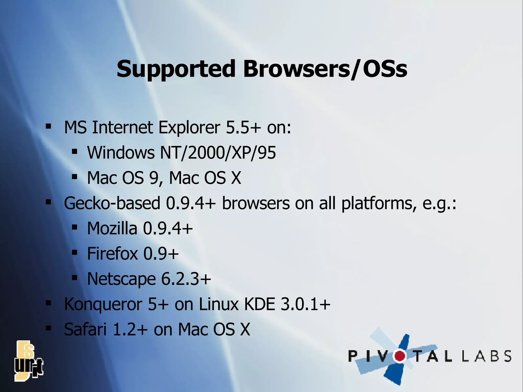 Supported Browsers/OSs MS Internet Explorer 5.5+ on: Windows NT/2000/XP/95 Mac OS 9, Mac OS X Gecko-based 0.9.4+ browsers on all platforms, e.g.: Mozilla 0.9.4+ Firefox 0.9+ Netscape 6.2.3+ Konqueror 5+ on Linux KDE 3.0.1+ Safari 1.2+ on Mac OS X 