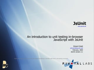 JsUnit www. jsunit .net An introduction to unit testing in-browser JavaScript with JsUnit Edward Hieatt [email_address] February, 2005 JsUnit version 2.1 Note: this presentation assumes the reader/audience is familiar with basic unit testing concepts 