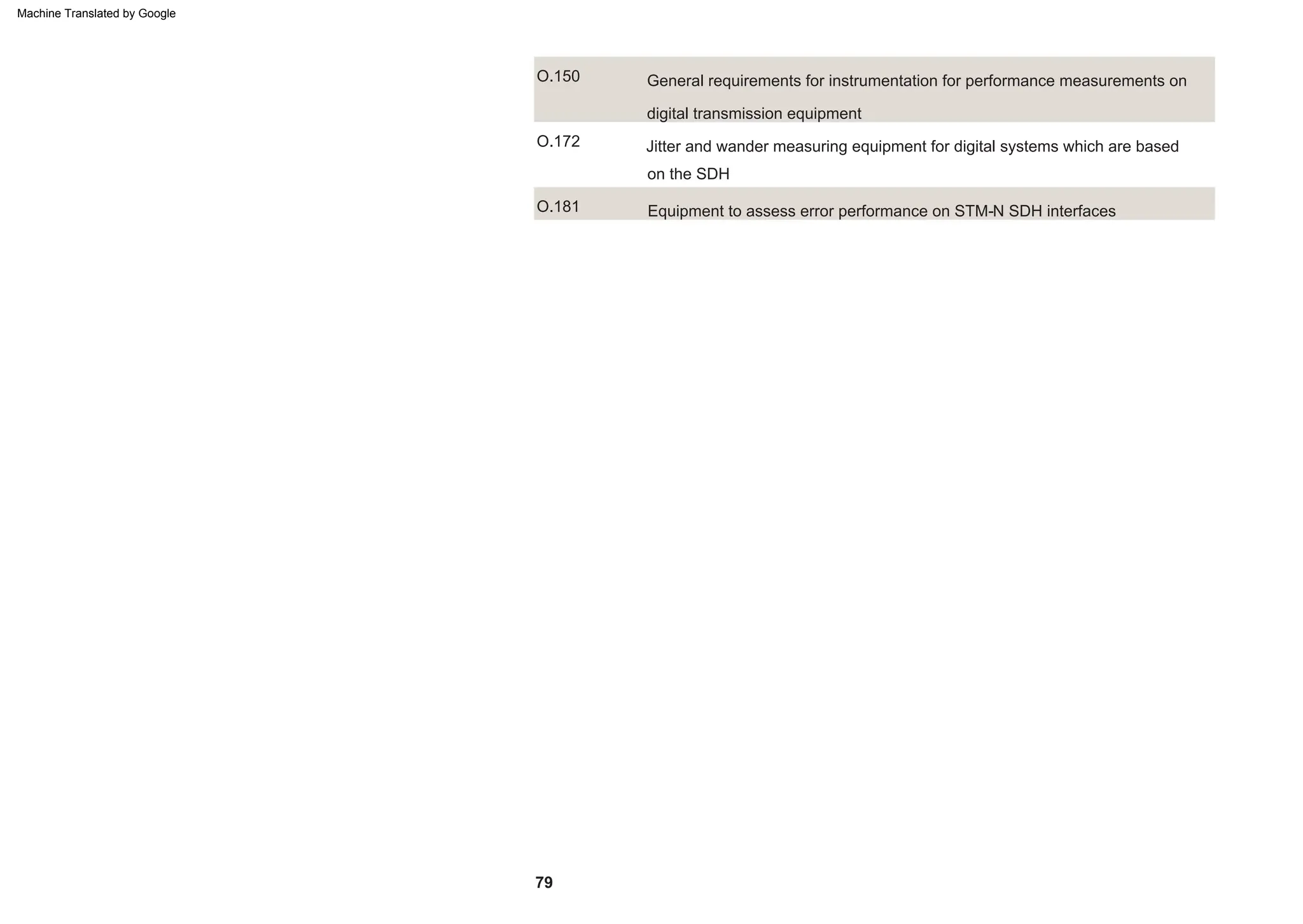 Jitter and wander measuring equipment for digital systems which are based
on the SDH
O.172
General requirements for instrumentation for performance measurements on
digital transmission equipment
O.150
Equipment to assess error performance on STM-N SDH interfaces
O.181
79
Machine Translated by Google
 