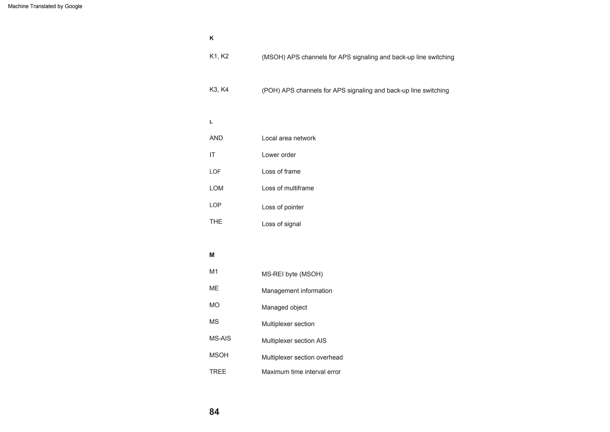 84
Multiplexer section
M
K
LOM
Management information
Loss of pointer
IT
TREE
MS-AIS
L
Loss of frame
Maximum time interval error
MO
(POH) APS channels for APS signaling and back-up line switching
Local area network
Multiplexer section AIS
Managed object
LOP
K1, K2
M1 MS-REI byte (MSOH)
LOF
Loss of signal
AND
Loss of multiframe
MSOH Multiplexer section overhead
Lower order
K3, K4
MS
THE
(MSOH) APS channels for APS signaling and back-up line switching
ME
Machine Translated by Google
 