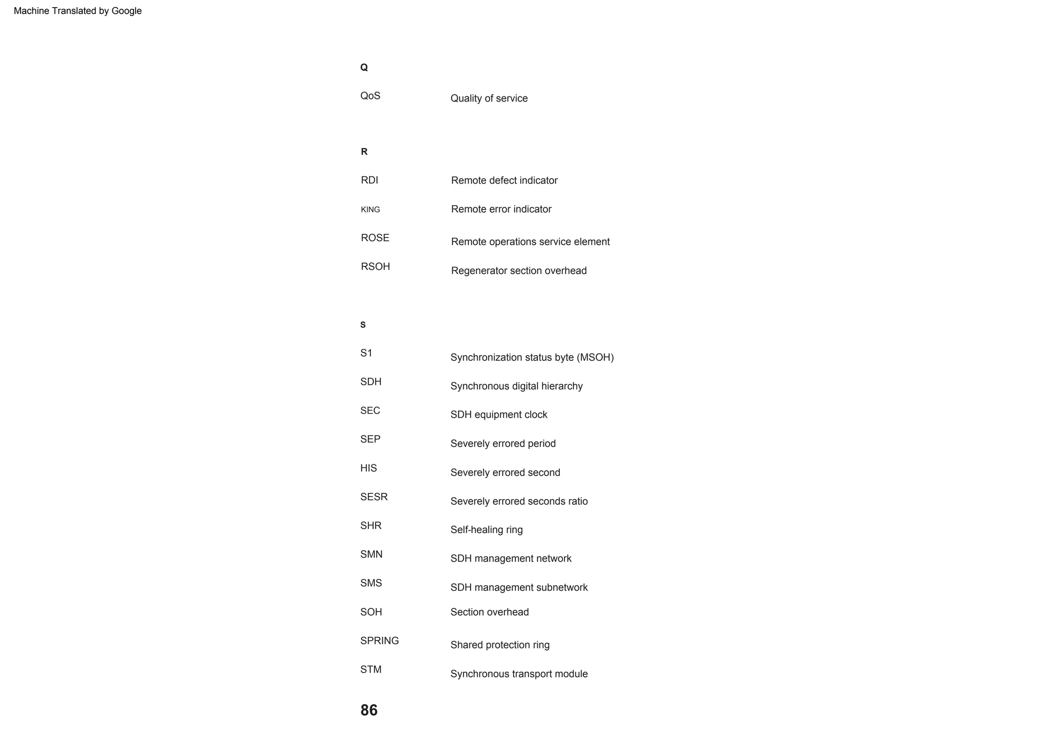 86
Severely errored second
Synchronous transport module
SESR
Q
Remote error indicator
SDH equipment clock
SEP
RSOH
Synchronization status byte (MSOH)
Section overhead
SPRING
KING
SDH
SDH management network
SMS
R
S
Severely errored seconds ratio
Severely errored period
Remote operations service element
QoS
SHR
Synchronous digital hierarchy
Remote defect indicator
HIS
Shared protection ring
SDH management subnetwork
ROSE
SEC
STM
Self-healing ring
S1
RDI
SOH
Regenerator section overhead
Quality of service
SMN
Machine Translated by Google
 