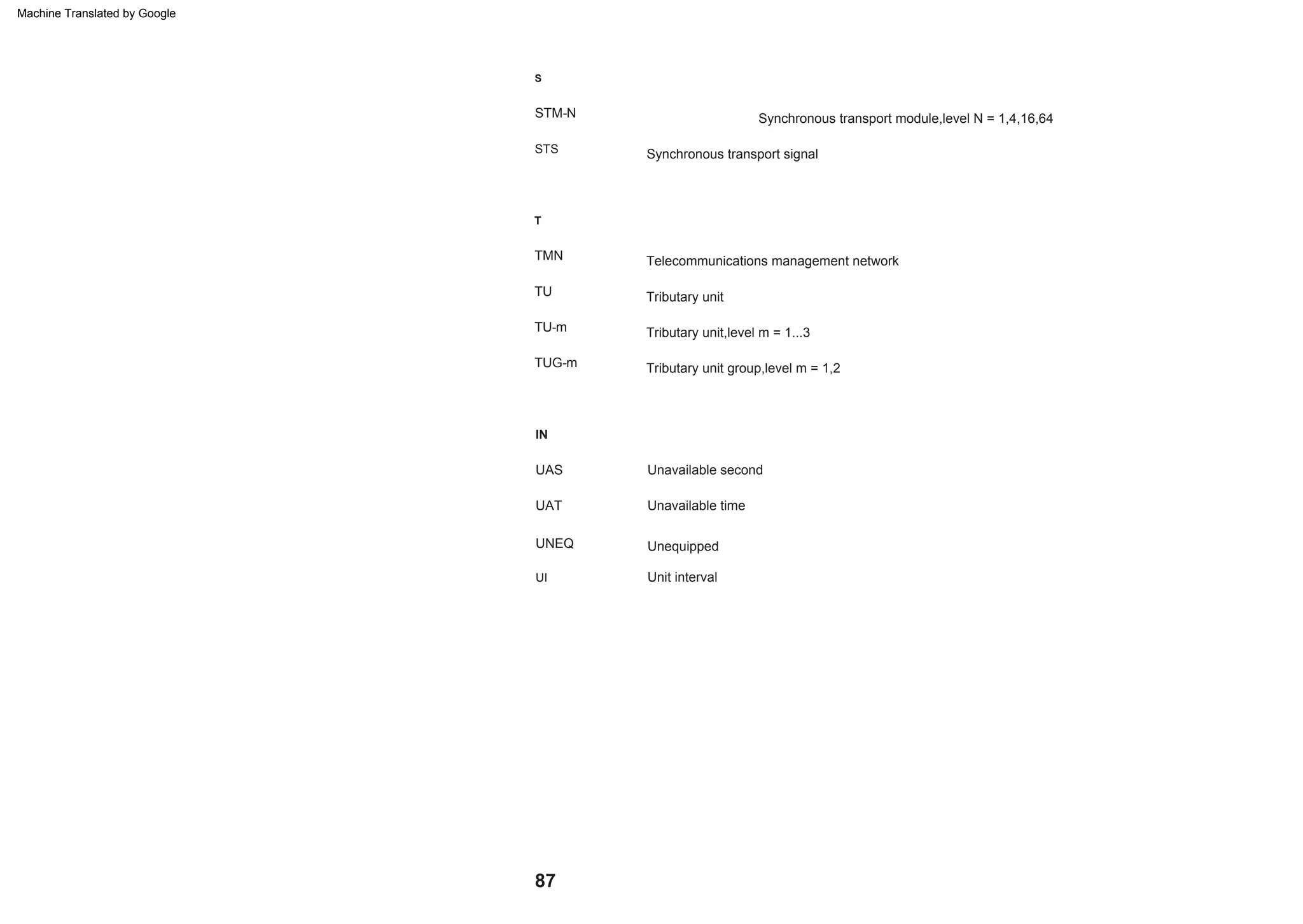 87
S
TUG-m
TU-m
Telecommunications management network
STM-N
UNEQ
UI
Unavailable second
TMN
UAS
UAT
TU
Tributary unit group,level m = 1,2
Synchronous transport signal
Unit interval
T
IN
Tributary unit
STS
Unavailable time
Unequipped
Synchronous transport module,level N = 1,4,16,64
Tributary unit,level m = 1...3
Machine Translated by Google
 