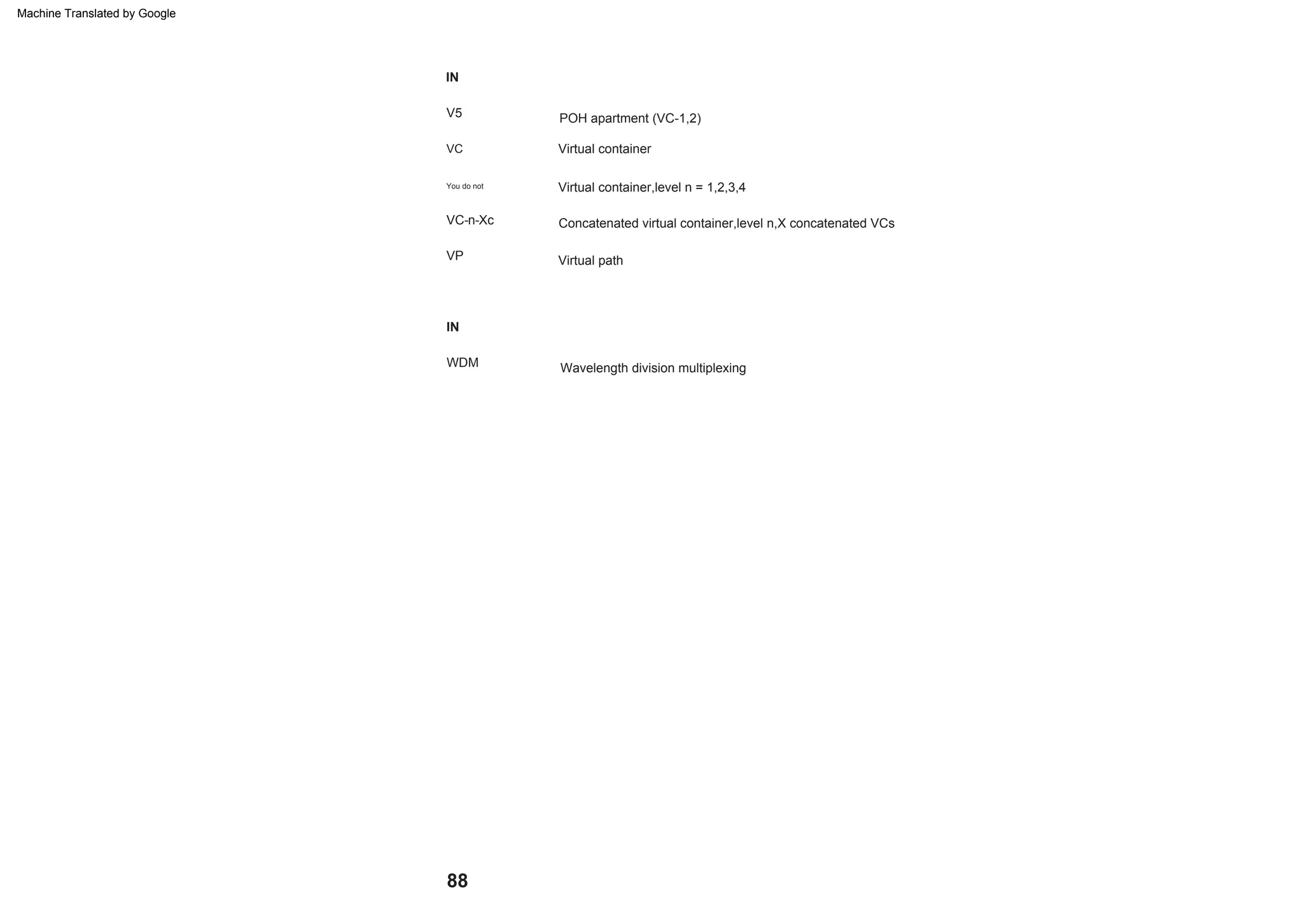 88
VP
VC-n-Xc
POH apartment (VC-1,2)
Virtual path
VC
You do not
V5
IN
Virtual container,level n = 1,2,3,4
Concatenated virtual container,level n,X concatenated VCs
WDM
Virtual container
IN
Wavelength division multiplexing
Machine Translated by Google
 