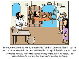 Ils ouvrirent alors le toit au-dessus de l'endroit où était Jésus ; par le
trou qu'ils avaient fait, ils descendirent le paralysé étendu sur sa natte.
   The friends carefully carried the crippled man up to the roof of the house. They
          made a hole in the roof and then lowered the man into the house.
 