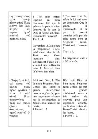 112
ίτῳ γνησίῳ τέκνῳ
κατὰ κοινὴν
πίστιν χάρις ἔλεος
εἰρήνη ἀπὸ θεοῦ
πατρὸς καὶ
κυρίου ἰησοῦ
χριστοῦ τοῦ
σωτῆρος ἡμῶν
à Tite, mon enfant
légitime en notre
commune foi: que la
grâce et la paix te soient
données de la part de
Dieu le Père et de Jésus-
Christ notre Sauveur!
Tite 1 : 4.
La version LSG a ajouté
la préposition « de »,
totalement absente du
Texte reçu Grec,
induisant ainsi
subtilement l’idée qu’il
y aurait une différence
entre le Père et Jésus
(Yahweh est salut).
à Tite, mon vrai fils,
selon la foi qui nous
est commune: Que la
grâce, la
miséricorde, et la
paix te soient
données de la part de
Dieu notre Père et
Seigneur Jésus-
Christ, notre Sauveur
!
Tite 1 : 4.
La préposition « de »
a été enlevée.
εὐλογητὸς ὁ θεὸς
καὶ πατὴρ τοῦ
κυρίου ἡμῶν
ἰησοῦ χριστοῦ ὁ
κατὰ τὸ πολὺ
αὐτοῦ ἔλεος
ἀναγεννήσας
ἡμᾶς εἰς ἐλπίδα
ζῶσαν δι
ἀναστάσεως
ἰησοῦ χριστοῦ ἐκ
νεκρῶν
Béni soit Dieu, le Père
de notre Seigneur Jésus-
Christ, qui, selon sa
grande miséricorde,
nous a régénérés, pour
une espérance vivante,
par la résurrection de
Jésus-Christ d'entre les
morts,
1 Pierre 1 : 3.
Béni soit Dieu et
Père notre Seigneur
Jésus-Christ, qui par
sa grande
miséricorde nous a
fait naître de
nouveau pour une
espérance vivante,
par la résurrection de
Jésus-Christ d'entre
les morts,
1 Pierre 1 : 3.
 