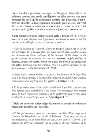 97
Dans les deux premiers passages, le Seigneur Jésus-Christ se
présente comme une poule qui déploie ses ailes protectrices pour
protéger les Juifs qu’il considérait comme des poussins, c’est-à-
dire ses enfants. Le mot « poussin »vient du grec nossion qui veut
dire « une couvée », « une niche d’oiseaux ». La racine de ce mot
est neos qui signifie « né récemment », « jeune », « nouveau ».
Cette métaphore nous rappelle aussi celle d’Exode 19 :4 : « Vous
avez vu ce que j'ai fait aux Egyptiens ; comment je vous ai portés
sur des ailes d'aigle et vous ai amenés à moi. »
« Car la portion de Yahweh, c'est son peuple, Jacob est le lot de
son héritage. Il l'a trouvé dans un pays désert, dans la désolation
des hurlements d'une solitude, il l'a entouré, il l'a dirigé, il l'a
gardé comme la prunelle de son œil, comme l'aigle éveille sa
nichée, couve ses petits, étend ses ailes, les prend, les porte sur
ses ailes. Yahweh seul l'a conduit, et il n'y a point eu avec lui de
dieu étranger. » Deutéronome 32 : 9-11.
« Leurs faces ressemblaient à la face d'un homme, à la face d'un
lion à la main droite, à la face d'un bœuf à la gauche des quatre,
et à la face d'un aigle à tous les quatre » Ezéchiel 1 : 4.
« Et le premier être vivant était semblable à un lion ; le second
être vivant était semblable à un veau ; le troisième être vivant
avait la face comme un homme ; et le quatrième être vivant était
semblable à un aigle qui vole. » Apocalypse 4 : 7.
L'aigle est un oiseau qui protège également sa progéniture d'autres
prédateurs en déployant ses ailes.
«Celui qui demeure sous la couverture du Très-Haut, repose à
l'ombre du Tout-Puissant. Je dis à Yahweh : Tu es ma retraite et
ma forteresse, tu es mon Dieu en qui je me confie ! Certes, il te
délivre du filet de l'oiseleur, de la peste et de ses ravages. Il te
 