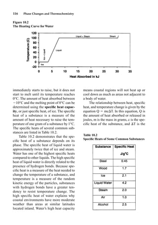 116 Phase Changes and Thermochemistry
immediately starts to raise, but it does not
start to melt until its temperature reaches
0°C. The amount of heat absorbed between
10°C and the melting point of 0°C can be
determined using the speciﬁc heat capac-
ity, or just speciﬁc heat, of ice. The speciﬁc
heat of a substance is a measure of the
amount of heat necessary to raise the tem-
perature of one gram of a substance by 1°C.
The speciﬁc heats of several common sub-
stances are listed in Table 10.2.
Table 10.2 demonstrates that the spe-
ciﬁc heat of a substance depends on its
phase. The speciﬁc heat of liquid water is
approximately twice that of ice and steam.
Water has one of the highest speciﬁc heats
compared to other liquids. The high speciﬁc
heat of liquid water is directly related to the
presence of hydrogen bonds. Because spe-
ciﬁc heat is a measure of the heat needed to
change the temperature of a substance, and
temperature is a measure of the random
kinetic energy of the particles, substances
with hydrogen bonds have a greater ten-
dency to resist temperature change. The
high speciﬁc heat of water explains why
coastal environments have more moderate
weather than areas at similar latitudes
located inland. Water’s high heat capacity
means coastal regions will not heat up or
cool down as much as areas not adjacent to
a body of water.
The relationship between heat, speciﬁc
heat, and temperature change is given by the
equation Q  mcT. In this equation, Q is
the amount of heat absorbed or released in
joules, m is the mass in grams, c is the spe-
ciﬁc heat of the substance, and T is the
Figure 10.2
The Heating Curve for Water
Table 10.2
Speciﬁc Heats of Some Common Substances
 