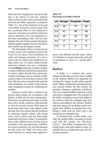 166 Acids and Bases
York and New England are devoid of ﬁsh
due to the effects of acid rain. Indirect
effects of the low pH values associated with
acid rain also affect organisms. As noted in
Table 13.1, one of the properties of an acid
is the ability to dissolve certain metals. This
has a profound effect on soil subjected to
acid rain. Acid rain can mobilize metal ions
such as aluminum, iron, and manganese in
the basin surrounding a lake. This not only
depletes the soil of these cations disrupting
nutrient uptake in plants, but also introduces
toxic metals into the aquatic system.
The detrimental effects of acid rain are
a major reason why legislation such as the
Clean Air Act places strict limitations on
sulfur and nitrogen emissions. It is also a
reason why low sulfur coal is preferred over
high sulfur coal. To reduce sulfur dioxide
emissions, industry also uses a technique
call scrubbing. Industrial scrubbers employ
a variety of physical and chemical processes
to remove sulfur dioxide from emissions.
Another technique used to combat acidiﬁ-
cation of lakes is to treat these systems with
lime. The lime acts to neutralize the acid, but
such techniques are usually costly and are
only a temporary remedy for combating the
problem.
Liming an acidic lake is similar to the
process many people use to maintain a pH
balance in their soil for lawn maintenance.
Plants have an optimum pH range in which
they strive. Acidic conditions often develop
in soils for several reasons. Rain tends to
leach away basic ions, weak organic acids
develop from the carbon dioxide produced
by decaying organic matter, and strong
acids, such as nitric acid, can form when
ammonium fertilizers oxidize. To neutralize
these acids, different forms of lime such as
quicklime, CaO, and slaked lime, Ca(OH)2
,
are used to neutralize the acid and increase
the pH of the soil. Table 13.9 shows how
much fertilizer is wasted when applied to
lawns with different soil pH values. Much
of a fertilizer is wasted unless the soil’s pH
is maintained at close to a neutral pH 7
value.
Buffers
A buffer is a solution that resists
changes in pH when an acid or base is added
to the solution. Buffers are important for
limiting the change in pH within speciﬁc
limits. Many commercial and natural prod-
ucts contain buffers for pH control, for
example, shampoo, medicines, and blood.
The most common buffers consist of a weak
acid and its conjugate base. The acid part of
the buffer neutralizes excess base added to
the solution while the conjugate base neu-
tralizes acid added to the solution. Buffers
may also consist of a weak base and its con-
jugate acid. Buffers are prepared by com-
bining a weak acid (or base) and a salt
containing its conjugate base.
To illustrate how a buffer works, con-
sider the simple buffer consisting of acetic
acid and the acetate ion: HC2
H3
O2
/
C2
H3
O2

. This buffer is prepared by com-
bining acetic acid and sodium acetate. In
solution the two components give the fol-
lowing reactions:
Table 13.9
Percentage of Fertilizer Wasted
 