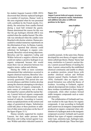 Organic Chemistry 197
his student Auguste Laurent (1808–1853)
discovered that chlorine replaced hydrogen
in a number of reactions. Dumas’ work in
this area originated when he was presented
with a problem by the French royalty. Evi-
dently, the emissions from candles burned
during a royal ball irritated the guests.
Dumas determined the reason for this was
that the gas hydrogen chloride (HCl) was
emitted when the candles burned. The chlo-
ride was introduced when the candles were
bleached with chorine solution. Dumas pro-
ceeded to conduct numerous experiments on
the chlorination of wax.As Dumas, Laurent,
and others reported that chlorine could
substitute for hydrogen in organic com-
pounds, Berzelius voiced strong objections.
Berzelius and his supporters Liebig and
Wöhler believed a negative chlorine atom
could not replace a positive hydrogen in an
organic compound, because this would
mean there was an attraction between two
negative atoms: carbon and chlorine.
During the 1840s as more scientists
demonstrated that substitution occurred in
organic chemical reactions, Berzelius’elec-
trochemical theory of organic radicals was
severely questioned. This period also saw
several alliances and bitter rivalries develop
among the chemists attempting to develop a
coherent theory of organic compounds. A
main source of controversy was a theory
developed by Laurent called the nuclear the-
ory. Laurent believed organic compounds
were based on three-dimensional nuclei
instead of radicals. According to Laurent,
atoms occupied positions on the corners and
edges of geometrical shapes. Substitution
could take place at these positions or addi-
tion of other atoms took place on the face of
the ﬁgure (Figure 15.1).
Dumas initially supported his student
Laurent, but then under pressure from
Berzelius and Liebig turned against Lau-
rent. Wöhler and others ridiculed Laurent in
scientiﬁc journals. At the same time, Dumas
developed his own theory of organic substi-
tution called type theory. Dumas’theory had
many similarities to Laurent’s nuclear the-
ory. Laurent accused Dumas of stealing his
ideas. Laurent, ostracized by the established
chemical community and unable to obtain
an academic position, joined forces with
another chemical outcast and brilliant
chemist named Charles Gerhardt (1816–
1856). Gerhardt’s idea on organic com-
pound formation was called the theory of
residues. According to Gerhardt, organic
radicals decomposed into residues. Some of
these residues recombined to form organic
compounds, while other residues formed
stable inorganic compounds such as water
and ammonia.
The collaboration of Gerhardt and Lau-
rent resulted in the type theory for organic
compounds. A type according to Gerhardt
and Laurent was an inorganic compound that
produced an organic compound when sub-
stitution of a hydrogen atom in the inorganic
compound occurred. Gerhardt and Laurent
deﬁned four types of organic compounds:
water type, ammonia type, hydrogen type,
and hydrogen chloride type.These four types
Figure 15.1
August Laurent believed organic structure
was based on geometric nuclei. Substitution
and addition take place at different
positions in the ﬁgure.
 