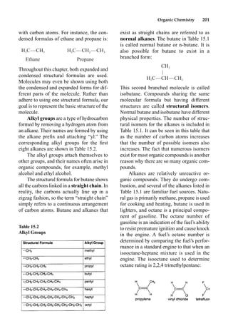 Organic Chemistry 201
with carbon atoms. For instance, the con-
densed formulas of ethane and propane is:
Throughout this chapter, both expanded and
condensed structural formulas are used.
Molecules may even be shown using both
the condensed and expanded forms for dif-
ferent parts of the molecule. Rather than
adhere to using one structural formula, our
goal is to represent the basic structure of the
molecule.
Alkyl groups are a type of hydrocarbon
formed by removing a hydrogen atom from
an alkane. Their names are formed by using
the alkane preﬁx and attaching “yl.” The
corresponding alkyl groups for the ﬁrst
eight alkanes are shown in Table 15.2.
The alkyl groups attach themselves to
other groups, and their names often arise in
organic compounds, for example, methyl
alcohol and ethyl alcohol.
The structural formula for butane shows
all the carbons linked in a straight chain. In
reality, the carbons actually line up in a
zigzag fashion, so the term “straight chain”
simply refers to a continuous arrangement
of carbon atoms. Butane and alkanes that
exist as straight chains are referred to as
normal alkanes. The butane in Table 15.1
is called normal butane or n-butane. It is
also possible for butane to exist in a
branched form:
This second branched molecule is called
isobutane. Compounds sharing the same
molecular formula but having different
structures are called structural isomers.
Normal butane and isobutane have different
physical properties. The number of struc-
tural isomers for the alkanes is included in
Table 15.1. It can be seen in this table that
as the number of carbon atoms increases
that the number of possible isomers also
increases. The fact that numerous isomers
exist for most organic compounds is another
reason why there are so many organic com-
pounds.
Alkanes are relatively unreactive or-
ganic compounds. They do undergo com-
bustion, and several of the alkanes listed in
Table 15.1 are familiar fuel sources. Natu-
ral gas is primarily methane, propane is used
for cooking and heating, butane is used in
lighters, and octane is a principal compo-
nent of gasoline. The octane number of
gasoline is an indication of the fuel’s ability
to resist premature ignition and cause knock
in the engine. A fuel’s octane number is
determined by comparing the fuel’s perfor-
mance in a standard engine to that when an
isooctane-heptane mixture is used in the
engine. The isooctane used to determine
octane rating is 2,2,4 trimethylpentane:
Table 15.2
Alkyl Groups
H3C—CH3 H3C—CH2—CH3
Ethane Propane
CH3
|
H C—CH—CH
3 3
 