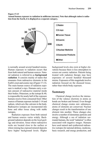 Nuclear Chemistry 259
is normally around several hundred mrems.
Human exposure to radiation occurs that
from both natural and human sources. Natu-
ral radiation is referred to as background
radiation. It consists mainly of radon that
emanates from radioactive elements in the
Earth’s crust and cosmic rays (Figure 17.13).
The main human source of radiation expo-
sure is medical x-rays. Humans carry a cer-
tain amount of radioactive material inside
their bodies. Potassium, as the isotope K-40,
is responsible for nearly half of the exposure
humans receive from consumed food. Other
sources of human exposure include C-14 and
radium, which acts like calcium in the body.
Radioactive isotopes are incorporated into
bone and other tissue along with stable
isotopes.
Radiation exposure from both natural
and human sources varies widely. Back-
ground radiation depends on the local geol-
ogy and elevation. Areas where radioactive
rocks are located close to the surface or
where mining has exposed mineral deposits
have higher background levels. Higher
background levels also exist at higher ele-
vations because there is less atmosphere to
screen out cosmic radiation. Patients being
treated with radiation therapy may have
exposures of several hundred thousand
mrems. Exposures of this magnitude involve
radiation focused on the diseased tissue,
rather than whole-body exposure.
Summary
Chemical change involves the interac-
tion of the valence electrons in atoms as
bonds are broken and formed. Even though
chemical change creates new substances,
atoms of elements are conserved. Nuclear
changes result in the transformation of one
element into another. These changes also
involve a number of elementary particles and
energy. Although a sea of radiation sur-
rounds humans, the word “radiation” is often
associated with negative images. Humans
have used natural and synthesized radioac-
tive isotopes for national defense, medicine,
basic research, and energy production, and
Figure 17.13
Annual human exposure to radiation in millirems (mrems). Note that although radon is radia-
tion from the Earth, it is displayed as a separate category.
 