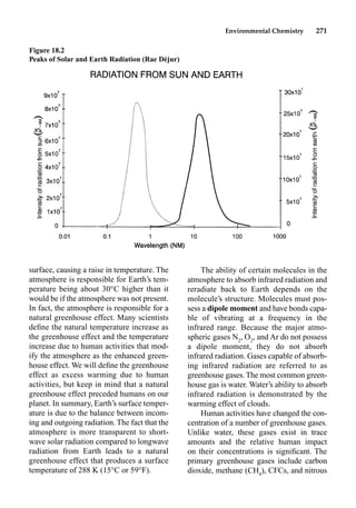Environmental Chemistry 271
The ability of certain molecules in the
atmosphere to absorb infrared radiation and
reradiate back to Earth depends on the
molecule’s structure. Molecules must pos-
sess a dipole moment and have bonds capa-
ble of vibrating at a frequency in the
infrared range. Because the major atmo-
spheric gases N2
, O2
, and Ar do not possess
a dipole moment, they do not absorb
infrared radiation. Gases capable of absorb-
ing infrared radiation are referred to as
greenhouse gases. The most common green-
house gas is water. Water’s ability to absorb
infrared radiation is demonstrated by the
warming effect of clouds.
Human activities have changed the con-
centration of a number of greenhouse gases.
Unlike water, these gases exist in trace
amounts and the relative human impact
on their concentrations is signiﬁcant. The
primary greenhouse gases include carbon
dioxide, methane (CH4
), CFCs, and nitrous
surface, causing a raise in temperature. The
atmosphere is responsible for Earth’s tem-
perature being about 30°C higher than it
would be if the atmosphere was not present.
In fact, the atmosphere is responsible for a
natural greenhouse effect. Many scientists
deﬁne the natural temperature increase as
the greenhouse effect and the temperature
increase due to human activities that mod-
ify the atmosphere as the enhanced green-
house effect. We will deﬁne the greenhouse
effect as excess warming due to human
activities, but keep in mind that a natural
greenhouse effect preceded humans on our
planet. In summary, Earth’s surface temper-
ature is due to the balance between incom-
ing and outgoing radiation. The fact that the
atmosphere is more transparent to short-
wave solar radiation compared to longwave
radiation from Earth leads to a natural
greenhouse effect that produces a surface
temperature of 288 K (15°C or 59°F).
Figure 18.2
Peaks of Solar and Earth Radiation (Rae Déjur)
 