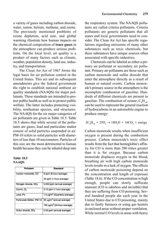 Environmental Chemistry 279
the respiratory system. The NAAQS pollu-
tants are called criteria pollutants. Criteria
pollutants are generic pollutants that all
states and local governments need to con-
sider. The Clean Air Act has speciﬁc regu-
lations regarding emissions of many other
substances such as toxic chemicals, but
these substances have unique sources often
associated with speciﬁc industries.
Chemicals can be labeled as either a pri-
mary air pollutant or secondary air pollu-
tant. Primary air pollutants are those such as
carbon monoxide and sulfur dioxide that
enter the atmosphere directly as a result of
human or natural events. Carbon monox-
ide’s primary source in the atmosphere is the
incomplete combustion of gasoline. Hun-
dreds of different chemicals are present in
gasoline. The combustion of octane, C8
H18
,
can be used to represent the general reaction
of hydrocarbons in an automobile engine to
produce energy:
2C8
H18
 25O2
p 18H2
O  16CO2
 energy
Carbon monoxide results when insufficient
oxygen is present during the combustion
process. Carbon monoxide’s toxic effect
results from the fact that hemoglobin’s affin-
ity for CO is more than 200 times greater
than it is for oxygen. Because carbon
monoxide displaces oxygen in the blood,
breathing air with high carbon monoxide
levels results in a lack of oxygen. The effects
of carbon monoxide poisoning depend on
the concentration and length of exposure
(Table 18.6). If the CO concentration is high
enough, people can slowly suffocate
unaware (CO is odorless and invisible) that
they are suffering from CO poisoning. Sev-
eral hundred people die each year in the
United States due to CO poisoning, mainly
due to faulty furnaces or using gas heaters
in enclosed areas without proper ventilation.
While normal CO levels in areas with heavy
a variety of gases including carbon dioxide,
water, xenon, helium, methane, and ozone.
The previously mentioned problems of
ozone depletion, acid rain, and global
warming illustrate how human impacts on
the chemical composition of trace gases in
the atmosphere can produce serious prob-
lems. On the local level, air quality is a
product of many factors such as climate,
weather, population density, land use, indus-
try, and transportation.
The Clean Air Act of 1967 forms the
legal basis for air pollution control in the
United States. This act and its subsequent
amendments give the federal government
the right to establish national ambient air
quality standards (NAAQS) for major pol-
lutants. These standards are intended to pro-
tect public health as well as to protect public
welfare. The latter includes protecting visi-
bility, nonhuman species, and structures.
The NAAQS for the six major categories of
air pollutants are given in Table 18.5. Table
18.5 shows that while several of the pollu-
tants are gases, lead and particulate matter
consist of solid particles suspended in air.
PM-10 refers to solid particles with diame-
ters of less than 10 micrometers. Particles of
this size are the most detrimental to human
health because they can be inhaled deep into
Table 18.5
NAAQS
 