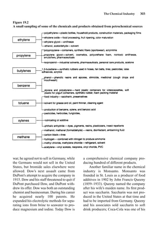 The Chemical Industry 303
a comprehensive chemical company pro-
ducing hundred of different products.
Another familiar name in the chemical
industry is Monsanto. Monsanto was
founded in St. Louis as a producer of food
additives in 1902 by John Francis Queeny
(1859–1933). Queeny named the company
after his wife’s maiden name. Its ﬁrst prod-
uct was saccharin. Saccharin was not pro-
duced in the United States at that time and
had to be imported from Germany. Queeny
and his associates sold saccharin to soft
drink producers; Coca-Cola was one of his
war; he agreed not to sell in Germany, while
the Germans would not sell in the United
States, but bromide sales elsewhere were
allowed. Dow’s next assault came from
DuPont’s attempt to acquire the company in
1915. Dow and his staff threatened to quit if
DuPont purchased Dow, and DuPont with-
drew its offer. Dow was both an outstanding
chemist and businessman. During his career
he acquired nearly 100 patents. He
expanded his electrolytic methods for sepa-
rating ions from brine to seawater to pro-
duce magnesium and iodine. Today Dow is
Figure 19.2
A small sampling of some of the chemicals and products obtained from petrochemical sources
 