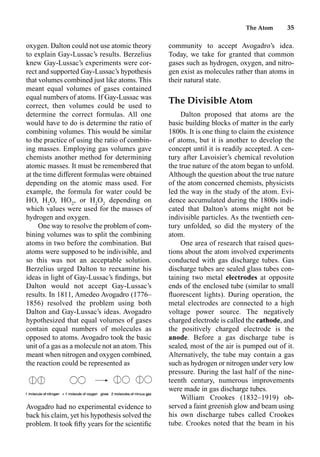 The Atom 35
oxygen. Dalton could not use atomic theory
to explain Gay-Lussac’s results. Berzelius
knew Gay-Lussac’s experiments were cor-
rect and supported Gay-Lussac’s hypothesis
that volumes combined just like atoms. This
meant equal volumes of gases contained
equal numbers of atoms. If Gay-Lussac was
correct, then volumes could be used to
determine the correct formulas. All one
would have to do is determine the ratio of
combining volumes. This would be similar
to the practice of using the ratio of combin-
ing masses. Employing gas volumes gave
chemists another method for determining
atomic masses. It must be remembered that
at the time different formulas were obtained
depending on the atomic mass used. For
example, the formula for water could be
HO, H2
O, HO2
, or H2
O2
depending on
which values were used for the masses of
hydrogen and oxygen.
One way to resolve the problem of com-
bining volumes was to split the combining
atoms in two before the combination. But
atoms were supposed to be indivisible, and
so this was not an acceptable solution.
Berzelius urged Dalton to reexamine his
ideas in light of Gay-Lussac’s ﬁndings, but
Dalton would not accept Gay-Lussac’s
results. In 1811, Amedeo Avogadro (1776–
1856) resolved the problem using both
Dalton and Gay-Lussac’s ideas. Avogadro
hypothesized that equal volumes of gases
contain equal numbers of molecules as
opposed to atoms. Avogadro took the basic
unit of a gas as a molecule not an atom. This
meant when nitrogen and oxygen combined,
the reaction could be represented as
Avogadro had no experimental evidence to
back his claim, yet his hypothesis solved the
problem. It took ﬁfty years for the scientiﬁc
community to accept Avogadro’s idea.
Today, we take for granted that common
gases such as hydrogen, oxygen, and nitro-
gen exist as molecules rather than atoms in
their natural state.
The Divisible Atom
Dalton proposed that atoms are the
basic building blocks of matter in the early
1800s. It is one thing to claim the existence
of atoms, but it is another to develop the
concept until it is readily accepted. A cen-
tury after Lavoisier’s chemical revolution
the true nature of the atom began to unfold.
Although the question about the true nature
of the atom concerned chemists, physicists
led the way in the study of the atom. Evi-
dence accumulated during the 1800s indi-
cated that Dalton’s atoms might not be
indivisible particles. As the twentieth cen-
tury unfolded, so did the mystery of the
atom.
One area of research that raised ques-
tions about the atom involved experiments
conducted with gas discharge tubes. Gas
discharge tubes are sealed glass tubes con-
taining two metal electrodes at opposite
ends of the enclosed tube (similar to small
ﬂuorescent lights). During operation, the
metal electrodes are connected to a high
voltage power source. The negatively
charged electrode is called the cathode, and
the positively charged electrode is the
anode. Before a gas discharge tube is
sealed, most of the air is pumped out of it.
Alternatively, the tube may contain a gas
such as hydrogen or nitrogen under very low
pressure. During the last half of the nine-
teenth century, numerous improvements
were made in gas discharge tubes.
William Crookes (1832–1919) ob-
served a faint greenish glow and beam using
his own discharge tubes called Crookes
tube. Crookes noted that the beam in his
 