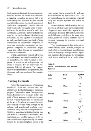 50 Atoms Combined
Ionic compounds result from the combina-
tion of a positive ion known as a cation and
a negative ion called an anion. Salt is an
ionic compound in which sodium cations
and chloride anions chemically combined.
Molecular compounds contain discrete
molecular units. Molecular units or mole-
cules are the smallest unit of a molecular
compound. Atoms in a compound are held
together by covalent bonds. Bonds dictate
how atoms are held together in a compound
or molecule, but for now, just think of ionic
compounds as compounds composed of
ions, and molecular compounds as com-
pounds composed of molecules. Sugar,
water, and carbon dioxide are examples of
molecular compounds.
While a compound consists of two or
more elements, a molecule consists of two
or more atoms. The water molecule is com-
posed of two atoms of hydrogen and one
atom of oxygen. Not all molecules will
contain different elements. The oxygen
molecule is made of two oxygen atoms, and
the ozone molecule consists of three oxygen
atoms.
Naming Elements
Just as the modern science of chemistry
developed from the ancient arts and
alchemy, so did the language of chemistry
progress from ancient roots. During ancient
times, humans knew of seven metals and
each of these was associated with the seven
known celestial bodies and the seven days
of the week. The characteristics of the metal
and celestial bodies were thought to be
related, and astrological symbols repre-
sented an early form of naming chemicals.
Gold was associated with the glowing sun,
and a circle, considered to be the most per-
fect shape, was used to represent it. Silver
was related to and represented by the moon.
Saturn, the most distant planet known at the
time, moved slowly across the sky and was
associated with the heavy metal lead. The
seven metals and their associated celestial
body and ancient symbols are shown in
Table 5.1.
As the ancients and alchemists discov-
ered more substances, an increasing number
of symbols were required to represent the
substances. Because different civilizations
used different symbols for the same sub-
stance, confusion resulted and there was no
common language to transfer chemical
knowledge.
This situation persisted up to the nine-
teenth century. Even Lavoisier, who put so
much effort in constructing an unambiguous
chemical language, used pictures to repre-
sent elements. Lavoisier and his colleagues
used letters enclosed in a circle, short
Table 5.1
Metal, Celestial Bodies, and Ancient
Symbols
 
