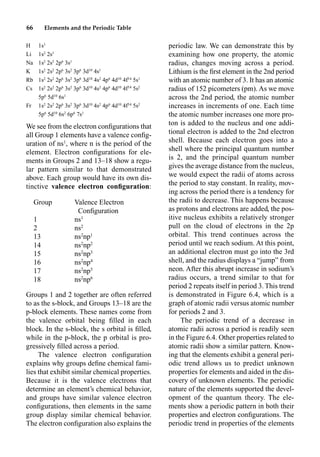 66 Elements and the Periodic Table
H 1s1
Li 1s2
2s1
Na 1s2
2s2
2p6
3s1
K 1s2
2s2
2p6
3s2
3p6
3d10
4s1
Rb 1s2
2s2
2p6
3s2
3p6
3d10
4s2
4p6
4d10
4f14
5s1
Cs 1s2
2s2
2p6
3s2
3p6
3d10
4s2
4p6
4d10
4f14
5s2
5p6
5d10
6s1
Fr 1s2
2s2
2p6
3s2
3p6
3d10
4s2
4p6
4d10
4f14
5s2
5p6
5d10
6s2
6p6
7s1
We see from the electron conﬁgurations that
all Group 1 elements have a valence conﬁg-
uration of ns1
, where n is the period of the
element. Electron conﬁgurations for ele-
ments in Groups 2 and 13–18 show a regu-
lar pattern similar to that demonstrated
above. Each group would have its own dis-
tinctive valence electron conﬁguration:
Group Valence Electron
Conﬁguration
1 ns1
2 ns2
13 ns2
np1
14 ns2
np2
15 ns2
np3
16 ns2
np4
17 ns2
np5
18 ns2
np6
Groups 1 and 2 together are often referred
to as the s-block, and Groups 13–18 are the
p-block elements. These names come from
the valence orbital being ﬁlled in each
block. In the s-block, the s orbital is ﬁlled,
while in the p-block, the p orbital is pro-
gressively ﬁlled across a period.
The valence electron conﬁguration
explains why groups deﬁne chemical fami-
lies that exhibit similar chemical properties.
Because it is the valence electrons that
determine an element’s chemical behavior,
and groups have similar valence electron
conﬁgurations, then elements in the same
group display similar chemical behavior.
The electron conﬁguration also explains the
periodic law. We can demonstrate this by
examining how one property, the atomic
radius, changes moving across a period.
Lithium is the ﬁrst element in the 2nd period
with an atomic number of 3. It has an atomic
radius of 152 picometers (pm). As we move
across the 2nd period, the atomic number
increases in increments of one. Each time
the atomic number increases one more pro-
ton is added to the nucleus and one addi-
tional electron is added to the 2nd electron
shell. Because each electron goes into a
shell where the principal quantum number
is 2, and the principal quantum number
gives the average distance from the nucleus,
we would expect the radii of atoms across
the period to stay constant. In reality, mov-
ing across the period there is a tendency for
the radii to decrease. This happens because
as protons and electrons are added, the pos-
itive nucleus exhibits a relatively stronger
pull on the cloud of electrons in the 2p
orbital. This trend continues across the
period until we reach sodium. At this point,
an additional electron must go into the 3rd
shell, and the radius displays a “jump” from
neon. After this abrupt increase in sodium’s
radius occurs, a trend similar to that for
period 2 repeats itself in period 3. This trend
is demonstrated in Figure 6.4, which is a
graph of atomic radii versus atomic number
for periods 2 and 3.
The periodic trend of a decrease in
atomic radii across a period is readily seen
in the Figure 6.4. Other properties related to
atomic radii show a similar pattern. Know-
ing that the elements exhibit a general peri-
odic trend allows us to predict unknown
properties for elements and aided in the dis-
covery of unknown elements. The periodic
nature of the elements supported the devel-
opment of the quantum theory. The ele-
ments show a periodic pattern in both their
properties and electron conﬁgurations. The
periodic trend in properties of the elements
 