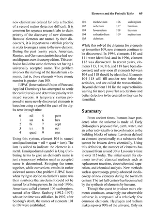 Elements and the Periodic Table 69
new element are created for only a fraction
of a second makes detection difficult. It is
common for separate research labs to claim
priority of the discovery of new elements.
Because elements are named by their dis-
coverers, it is important to establish priority
in order to assign a name to the new element.
During the past twenty years, American,
Russian, and German scientists have had sev-
eral disputes over discovery claims.This con-
fusion has led to some elements not having a
universally accepted name. The problem
involves the naming of the transferium ele-
ments, that is, those elements whose atomic
number is greater than 100.
IUPAC (International Union of Pure and
Applied Chemistry) has attempted to settle
the controversies and determine priority with
mixed success. A temporary system pro-
posed to name newly discovered elements is
based on using a symbol for each of the dig-
its zero through nine:
0 nil 5 pent
1 un 6 hex
2 bi 7 sept
3 tri 8 oct
4 quad 9 enn
Using this system, element 104 is named
unnilquadium (un  nil  quad  ium).The
ium is added to indicate the element is a
metal. Unnilquadium’s symbol is Unq. Com-
bining terms to give an element’s name is
just a temporary solution until an accepted
name is determined. Stringing the terms
together, while convenient, results in rather
awkward names. One problem IUPAC faced
when trying to decide an element’s name was
their insistence that an element could not be
named for a living person. In the mid-1990s,
Americans called element 106 seaborgium,
named after Glenn Seaborg (1912–1997)
who at the time was still alive. In 1997, after
Seaborg’s death, the names of elements 101
to 109 were established:
101 medelevium 106 seaborgium
102 nobelium 107 bohrium
103 lawrencium 108 hassium
104 rutherfordium 109 meitnerium
105 dubnium
While this solved the dilemma for elements
up to number 109, new elements continue to
be discovered. In 1994, elements 110 and
111 were identiﬁed, and in 1996, element
112 was discovered. In recent years, ele-
ments 113, 114, 116, and 118 have been dis-
covered, and very soon all elements between
104 and 118 should be identiﬁed. Elements
104–118 will ﬁll another row below the
actinides, and are called the transactinides.
Beyond element 118 lie the superactinides
waiting for more powerful accelerators and
better detectors to be created so they can be
identiﬁed.
Summary
From ancient times, humans have pon-
dered what the universe is made of. Early
philosophers proposed ﬁre, earth, water, and
air either individually or in combination as the
building blocks of nature. Lavoisier deﬁned
an element operationally as a substance that
cannot be broken down chemically. Using
this deﬁnition, the number of elements has
increased from around 30 in Lavoisier’s time
to over 115 today. The initial search for ele-
ments involved classical methods such as
replacement reactions, electrochemical sepa-
ration, and chemical analysis. New methods
such as spectroscopy greatly advanced the dis-
covery of new elements during the twentieth
century.The last half century has been marked
by the synthesis of elements by humans.
Though the quest to produce more ele-
ments continues, amazingly our observable
universe is composed of a relatively few
common elements. Hydrogen and helium
makes up over 90% of the universe. Only six
 