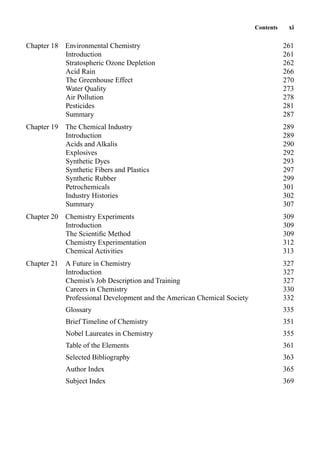 Contents xi
Chapter 18 Environmental Chemistry 261
Introduction 261
Stratospheric Ozone Depletion 262
Acid Rain 266
The Greenhouse Effect 270
Water Quality 273
Air Pollution 278
Pesticides 281
Summary 287
Chapter 19 The Chemical Industry 289
Introduction 289
Acids and Alkalis 290
Explosives 292
Synthetic Dyes 293
Synthetic Fibers and Plastics 297
Synthetic Rubber 299
Petrochemicals 301
Industry Histories 302
Summary 307
Chapter 20 Chemistry Experiments 309
Introduction 309
The Scientiﬁc Method 309
Chemistry Experimentation 312
Chemical Activities 313
Chapter 21 A Future in Chemistry 327
Introduction 327
Chemist’s Job Description and Training 327
Careers in Chemistry 330
Professional Development and the American Chemical Society 332
Glossary 335
Brief Timeline of Chemistry 351
Nobel Laureates in Chemistry 355
Table of the Elements 361
Selected Bibliography 363
Author Index 365
Subject Index 369
 