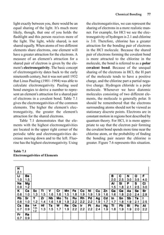 Chemical Bonding 77
light exactly between you, there would be an
equal sharing of the light. It’s much more
likely, though, that one of you holds the
ﬂashlight and this person receives more of
the light. The light, while shared, is not
shared equally. When atoms of two different
elements share electrons, one element will
have a greater attraction for the electrons. A
measure of an element’s attraction for a
shared pair of electron is given by the ele-
ment’s electronegativity. The basic concept
of electronegativity dates back to the early
nineteenth century, but it was not until 1932
that Linus Pauling (1901–1994) was able to
calculate electronegativity. Pauling used
bond energies to derive a number to repre-
sent an element’s attraction for a shared pair
of electrons in a covalent bond. Table 7.1
gives the electronegativities of the common
elements. The higher the element’s elec-
tronegativity, the greater the element’s
attraction for the shared electrons.
Table 7.1 demonstrates that the ele-
ments with the highest electronegativities
are located in the upper right corner of the
periodic table and electronegativities de-
crease moving down and to the left. Fluo-
rine has the highest electronegativity. Using
the electronegativities, we can represent the
sharing of electrons in a more realistic man-
ner. For example, for HCl we see the elec-
tronegativity of hydrogen is 2.1 and chlorine
is 3.0. Therefore, chlorine has a greater
attraction for the bonding pair of electrons
in the HCl molecule. Because the shared
pair of electrons forming the covalent bond
is more attracted to the chlorine in the
molecule, the bond is referred to as a polar
covalent bond. Because of the unequal
sharing of the electrons in HCl, the H part
of the molecule tends to have a positive
charge, and the chlorine part a partial nega-
tive charge. Hydrogen chloride is a polar
molecule. Whenever we have diatomic
molecules consisting of two different ele-
ments, the molecule is generally polar. It
should be remembered that the electrons
surrounding atoms should not be viewed as
stationary discrete points. Electrons are in
constant motion in regions best described by
quantum theory. For HCl, it is more appro-
priate to say that the electron pair forming
the covalent bond spends more time near the
chlorine atom, or the probability of ﬁnding
the bonding pair nearer the chlorine is
greater. Figure 7.6 represents this situation.
Table 7.1
Electronegativities of Elements
 