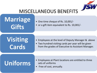 MISCELLANEOUS BENEFITS
Marriage   • One time cheque of Rs. 10,001/-
           • or a gift item equivalent to Rs. 10,001/-
 Gifts
Visiting   • Employees at the level of Deputy Manager & above
           • Two hundred visiting cards per year will be given
 Cards       from the grades of Executive to Assistant Manager.




           • Employees at Plant locations are entitled to three
Uniforms     sets of uniforms
           • Free of cost, annually.
 