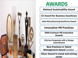 National Sustainability Award

CII Award for Business Excellence

India Manufacturing Excellence Award


  Innovative HR Practices
   DMA Erehwan HR Innovative
           Awards

  City’zen-Corporate with a Design
            commitment

    Best Practices in Talent
  Management Award London
Silver Award in metal and mining
              sector
 