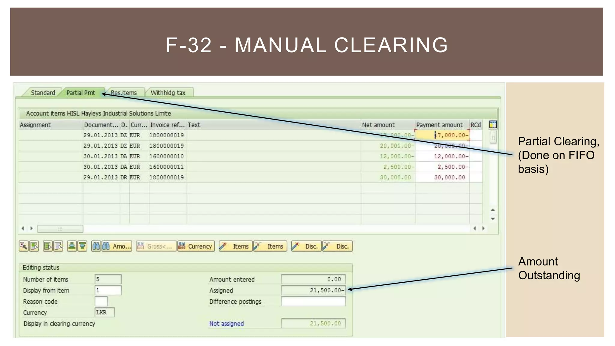 F-32 - MANUAL CLEARING
Partial Clearing,
(Done on FIFO
basis)
Amount
Outstanding
 