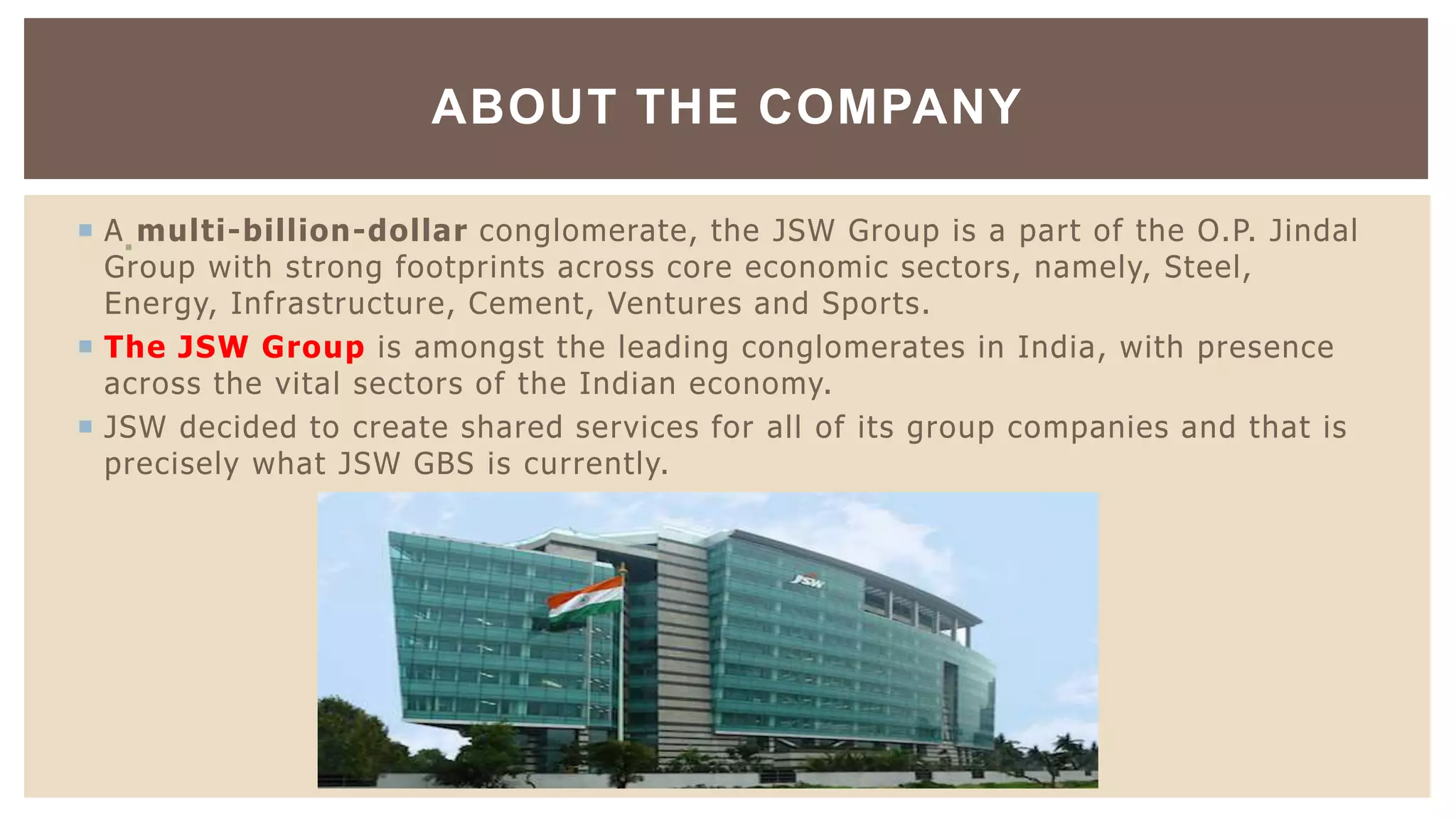  A multi-billion-dollar conglomerate, the JSW Group is a part of the O.P. Jindal
Group with strong footprints across core economic sectors, namely, Steel,
Energy, Infrastructure, Cement, Ventures and Sports.
 The JSW Group is amongst the leading conglomerates in India, with presence
across the vital sectors of the Indian economy.
 JSW decided to create shared services for all of its group companies and that is
precisely what JSW GBS is currently.
ABOUT THE COMPANY
 