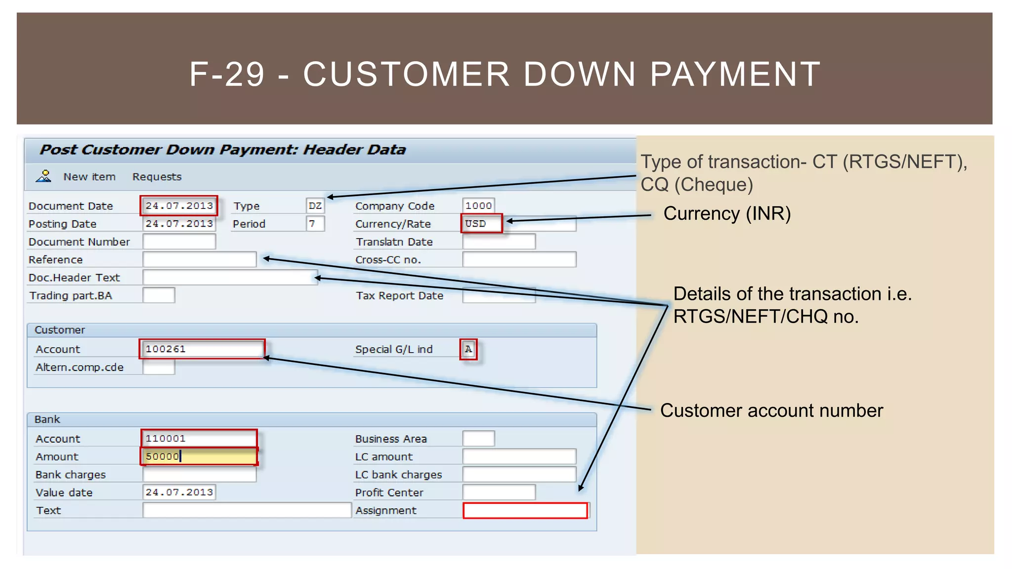 F-29 - CUSTOMER DOWN PAYMENT
Type of transaction- CT (RTGS/NEFT),
CQ (Cheque)
Currency (INR)
Customer account number
Details of the transaction i.e.
RTGS/NEFT/CHQ no.
 