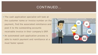  The cash application specialist will look at
the customer name or invoice number on the
payment, find the associated remittance and
post it to the outstanding accounts
receivable invoice in their company’s ERP.
 An automated cash application process is
able to match payment and remittance at a
must faster speed.
CONTINUED…
 