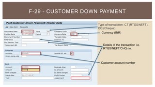 F-29 - CUSTOMER DOWN PAYMENT
Type of transaction- CT (RTGS/NEFT),
CQ (Cheque)
Currency (INR)
Customer account number
Details of the transaction i.e.
RTGS/NEFT/CHQ no.
 