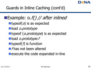 Guards in Inline Caching (cont'd)

   Example: o.f() // after inlined
         typeof(o) is as expected
         load o.prototype
         typeof (o.prototype) is as expected
         load o.prototype.f
         typeof(f) is function
          f has not been altered
         execute the code expanded in-line


Jul 19 2012                  JSX Optimizer      10
 