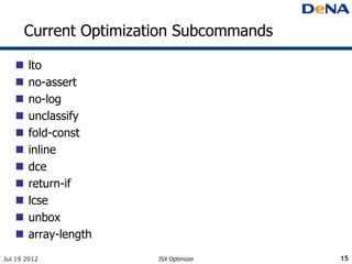 Current Optimization Subcommands

      lto
      no-assert
      no-log
      unclassify
      fold-const
      inline
      dce
      return-if
      lcse
      unbox
      array-length
Jul 19 2012             JSX Optimizer     15
 