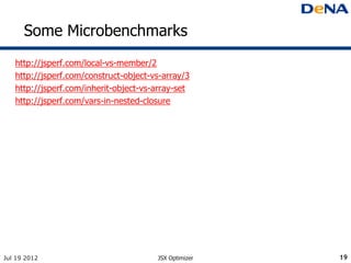 Some Microbenchmarks
   http://jsperf.com/local-vs-member/2
   http://jsperf.com/construct-object-vs-array/3
   http://jsperf.com/inherit-object-vs-array-set
   http://jsperf.com/vars-in-nested-closure




Jul 19 2012                            JSX Optimizer   19
 
