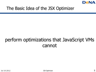 The Basic Idea of the JSX Optimizer




    perform optimizations that JavaScript VMs
                     cannot




Jul 19 2012             JSX Optimizer       2
 