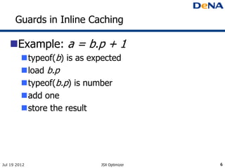Guards in Inline Caching

   Example: a = b.p + 1
         typeof(b) is as expected
         load b.p
         typeof(b.p) is number
         add one
         store the result




Jul 19 2012                 JSX Optimizer   6
 