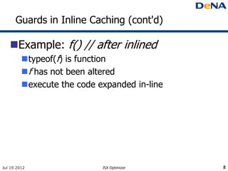 Guards in Inline Caching (cont'd)

   Example: f() // after inlined
         typeof(f) is function
          f has not been altered
         execute the code expanded in-line




Jul 19 2012                 JSX Optimizer     8
 